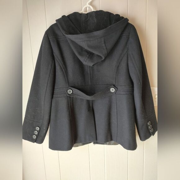 St John's Bay Black Wool And Cashmere Hooded Zip-Up Coat. Size Petite XL - Picture 3 of 5